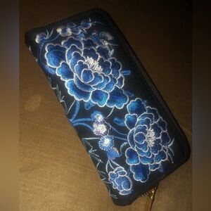 Floral Embroidered Blue and Black Women's Wallet- 163A $25 or $20 w/offer